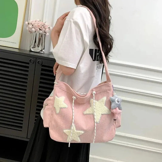 Trendy Corduroy Tote Bag for Women – Niche Star Design, Large-Capacity Shoulder & Crossbody Bag for Students & Stylish Commuters NNOS