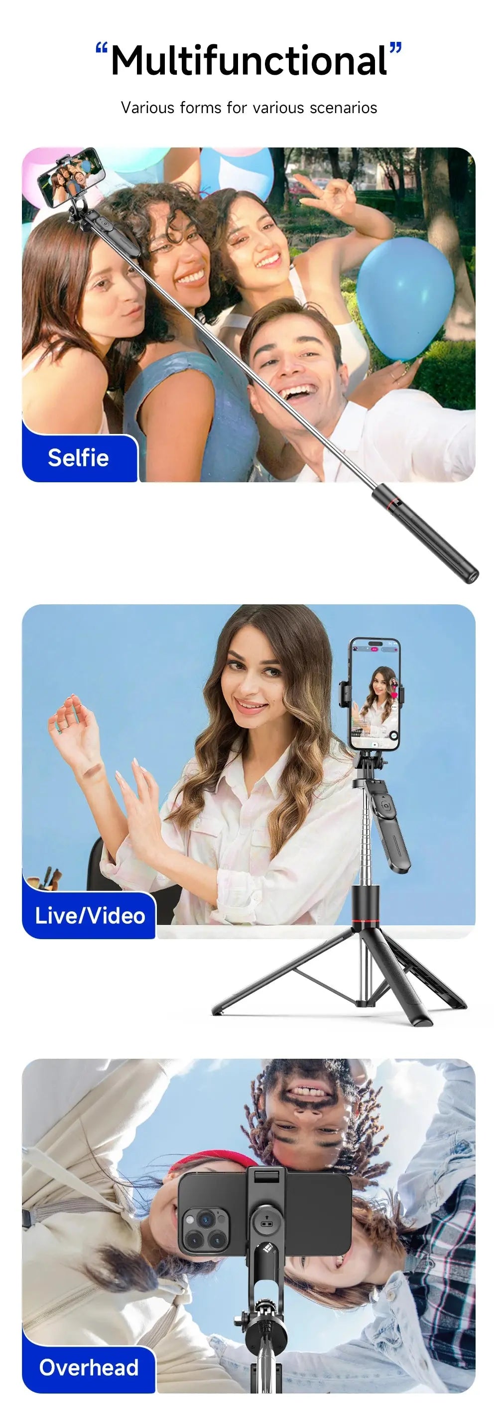 BSLIUFANG 2025 new 1.7M 360° rotation selfie stick tripod foldable stand with Wireless Bluetooth remote control for phone camera NNOS