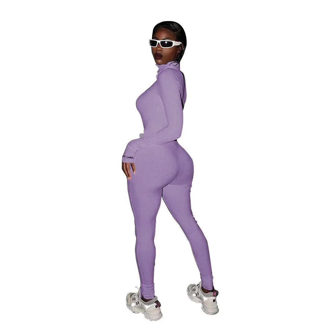 Women's Ribbed Rompers Long Sleeve Fitness Jumpsuit Embroidery Lucky Label Letter Zipper Streetwear Active Wear for Workout NNOS