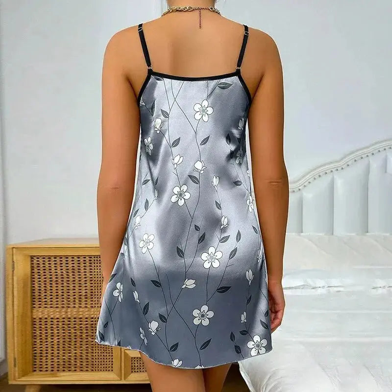 Women's Sleepdress Satin Floral Print Nightdress Comfortable Spaghetti Strap Sleepwear Dress Luxurious Satin Slip Nightdress NNOS