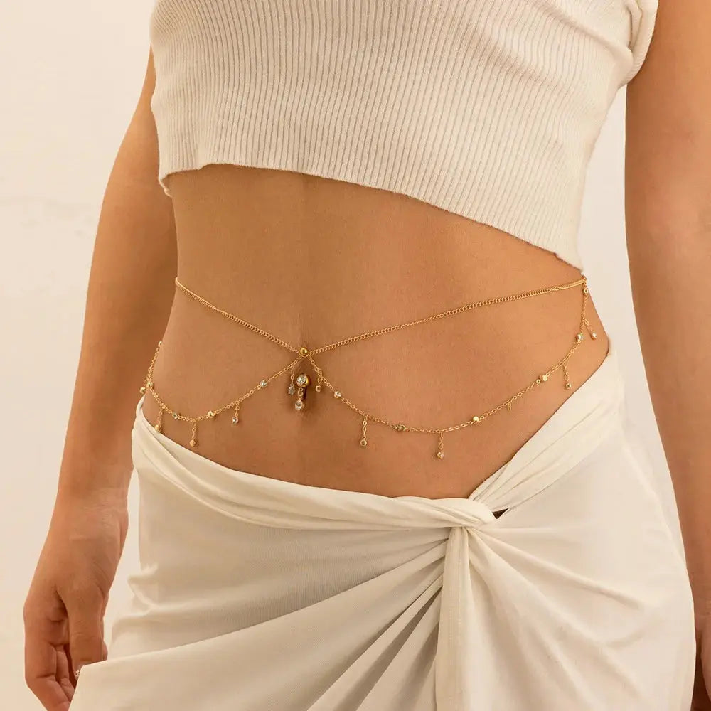 IngeSight.Z Simple Gold Color Stainless Steel Waist Chain for Women Classic Zircon Pendant Sexy Double Layer Body Chain Jewelry product image