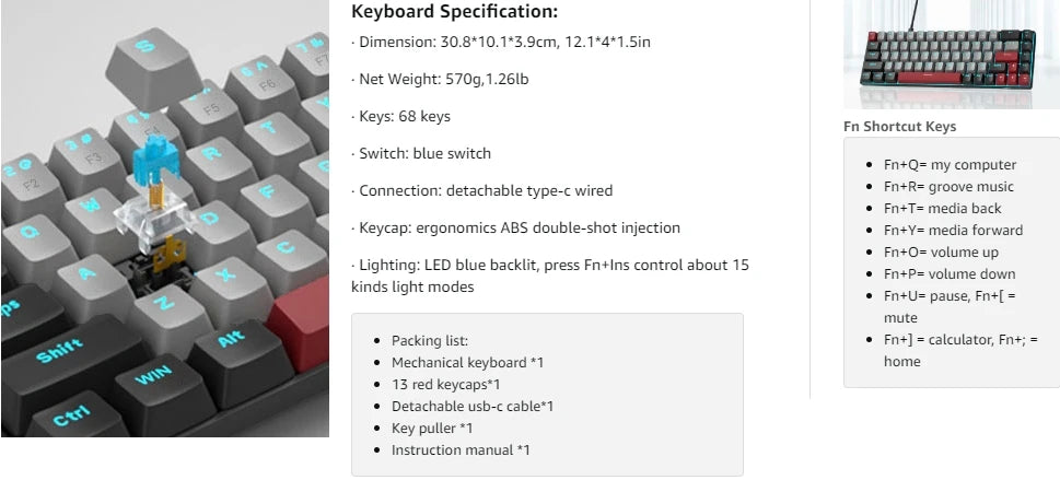MageGee Portable 60% Mechanical Gaming Keyboard, MK-Box LED Backlit Compact 68 Keys Mini Wired Office Keyboard with Red Switch f NNOS