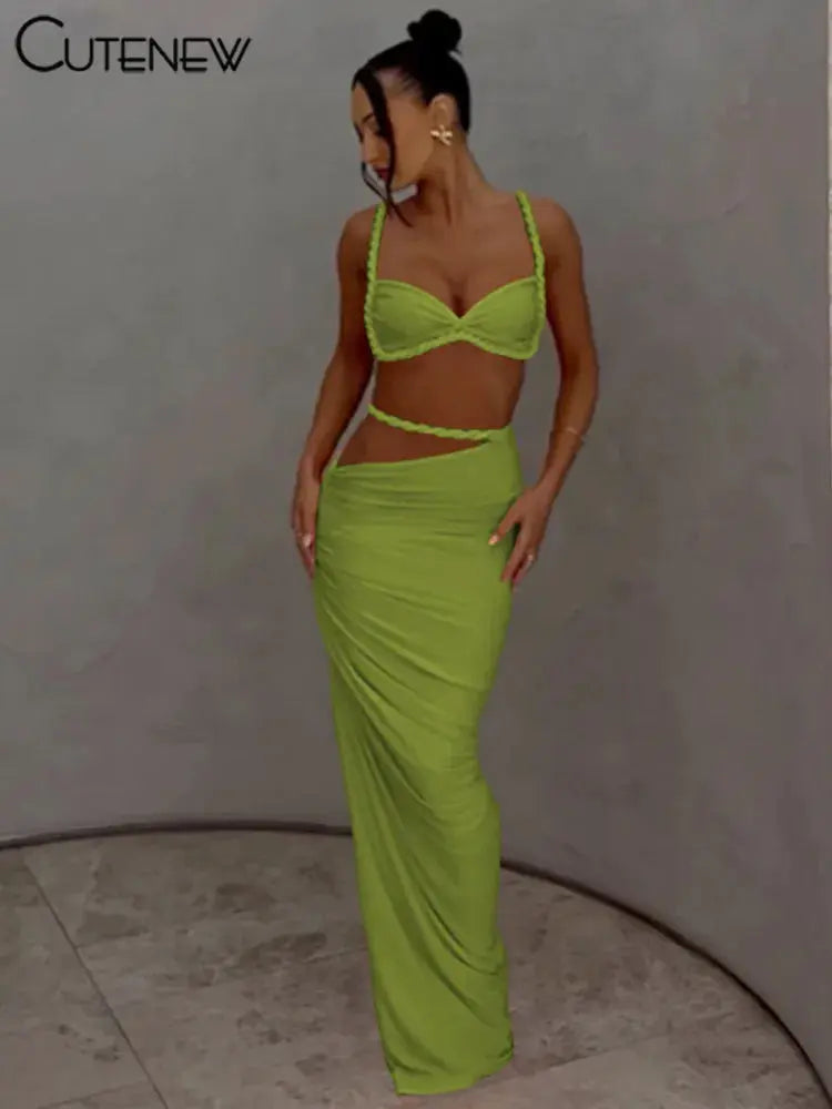 CuteNew Women’s 2-Piece Set – Pleated Crop Cami & Shirred High-Waist Maxi Skirt NNOS