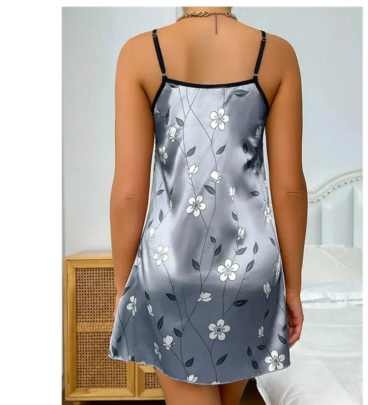 Women's Sleepdress Satin Floral Print Nightdress Comfortable Spaghetti Strap Sleepwear Dress Luxurious Satin Slip Nightdress NNOS
