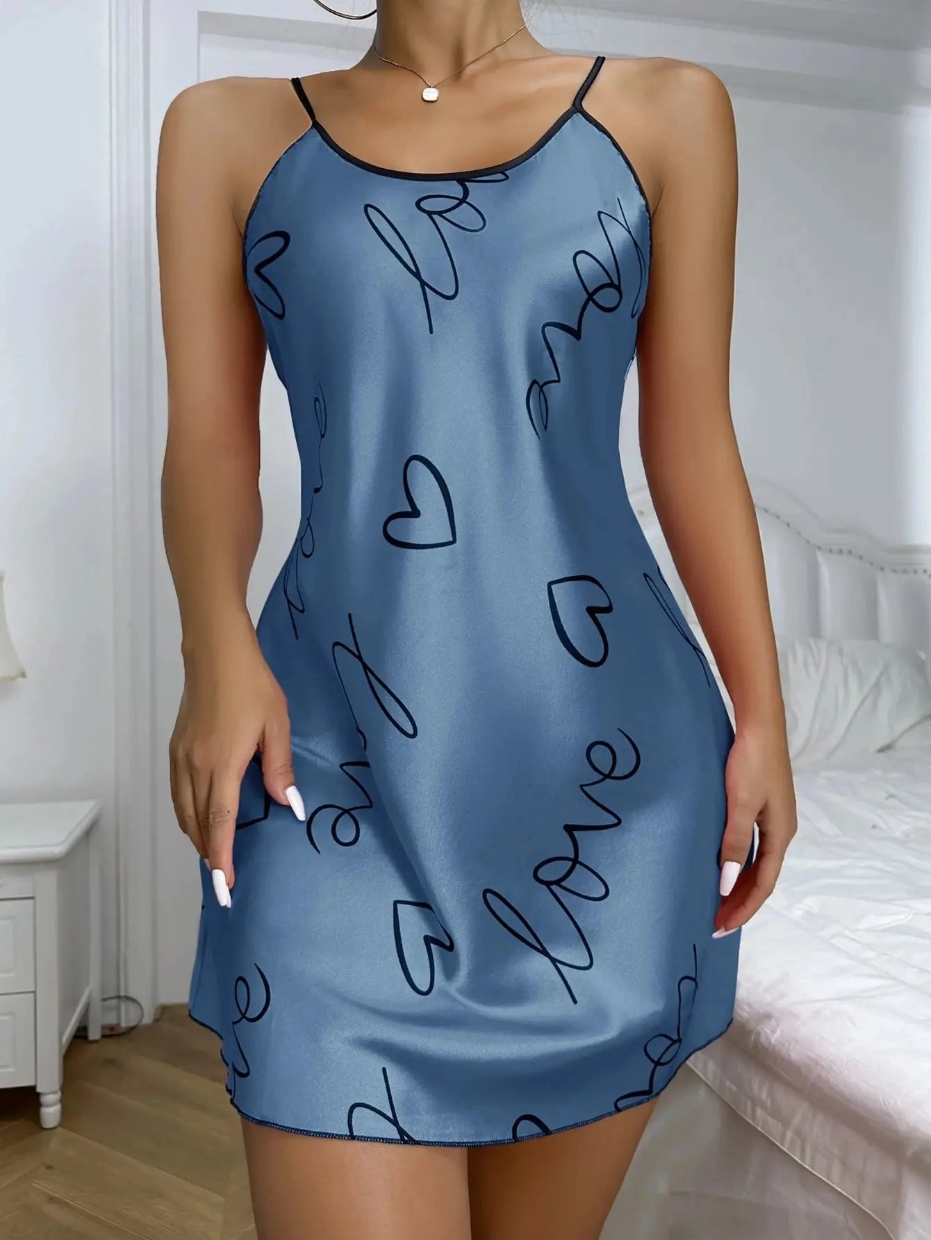Heart Letter Print Nightdress Casual Round Neck Spaghetti Strap Sleep Dress Women's Sleepwear Dresses NNOS