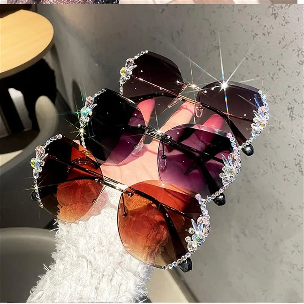 UV400 Rimless Rhinestone Sunglasses for Women – Shiny Diamond Cutting Lens Frameless Fashion Sunglasses NNOS