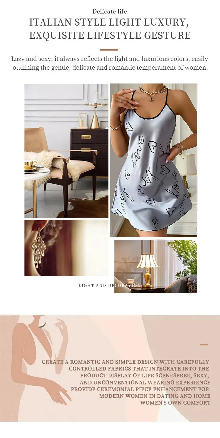 Heart Letter Print Nightdress Casual Round Neck Spaghetti Strap Sleep Dress Women's Sleepwear Dresses NNOS