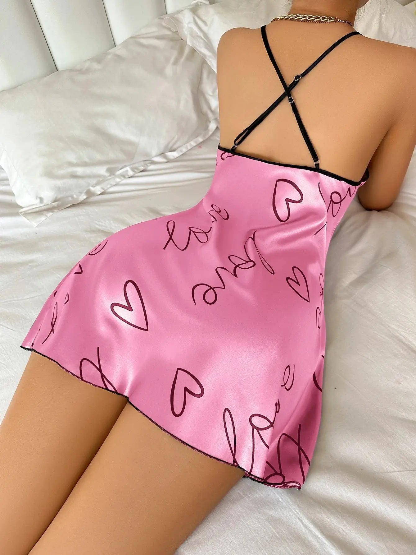 Heart Letter Print Nightdress Casual Round Neck Spaghetti Strap Sleep Dress Women's Sleepwear Dresses NNOS