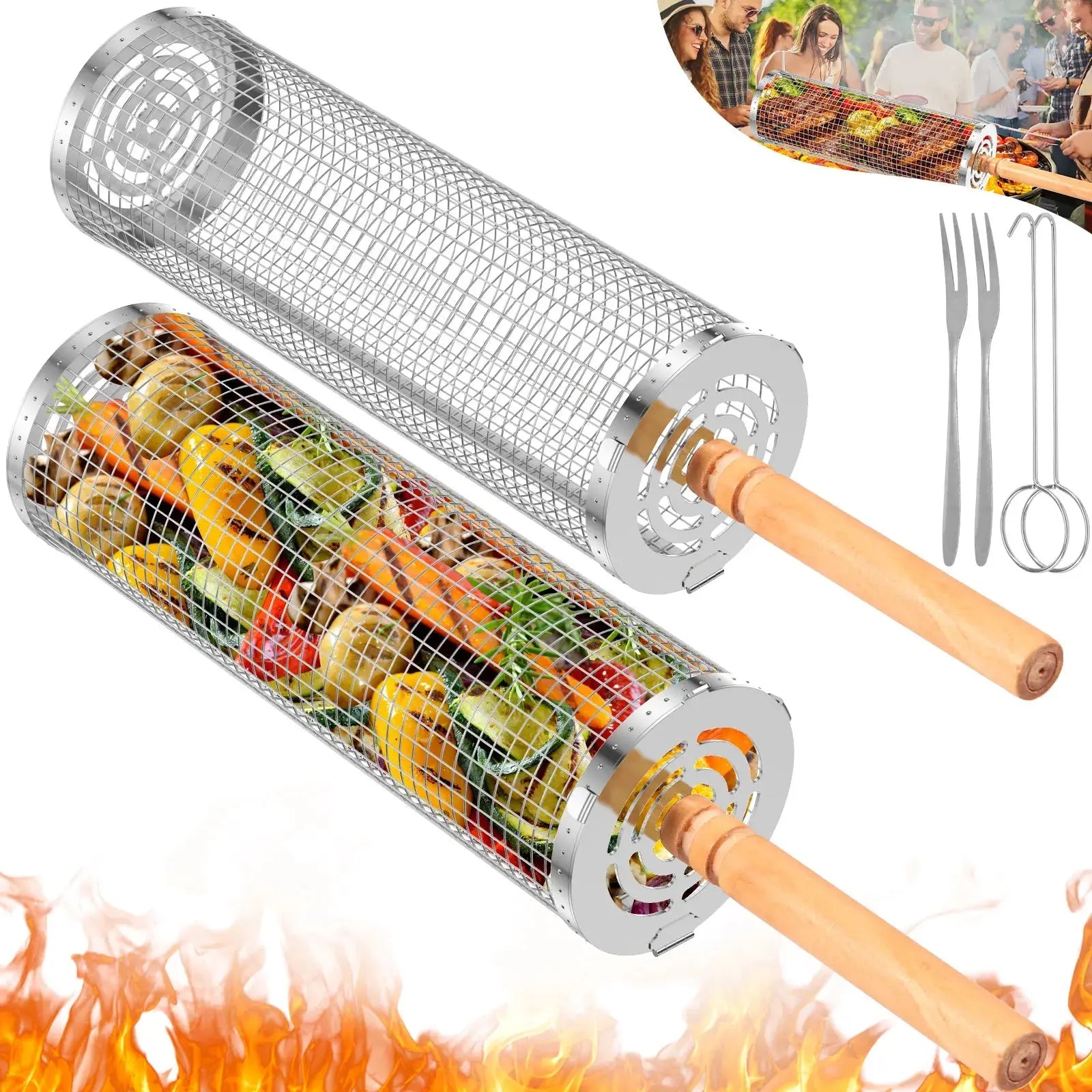 Portable Grill Basket – Stainless Steel with Wood Handle for Effortless BBQing NNOS