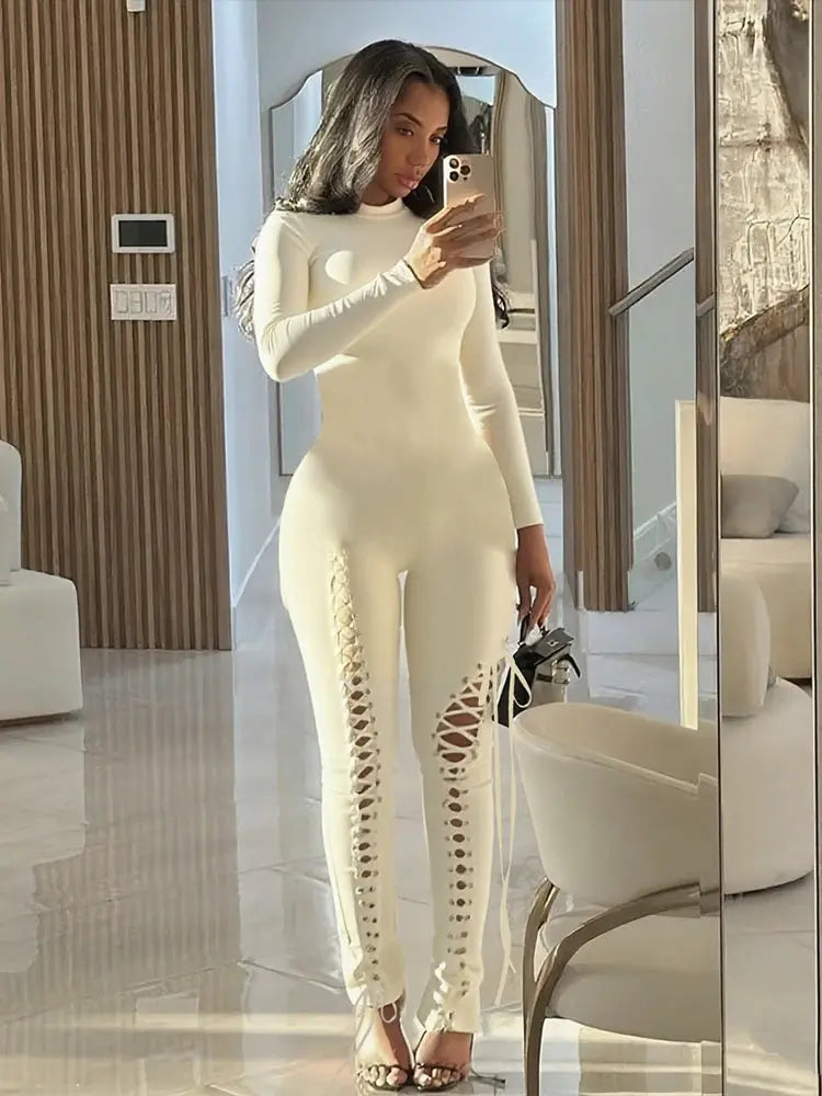Sexy Fall Jumpsuits for Women DIY Shirring O-Neck Full Sleeve Stretch Polyester Slim Fit Ankle-Length Party Clubwear NNOS