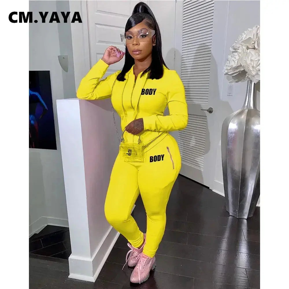 Women's Spring Winter 2 Piece Set Zipper Fly Hoodie And Pants Outfit High Stretch Polyester Spandex Body Letter Tracksuit Sweatsuit NNOS