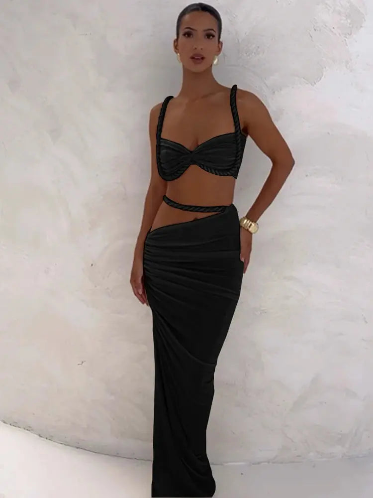 CuteNew Women’s 2-Piece Set – Pleated Crop Cami & Shirred High-Waist Maxi Skirt NNOS