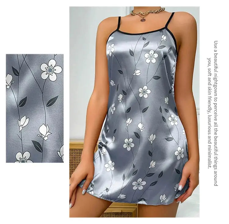 Women's Sleepdress Satin Floral Print Nightdress Comfortable Spaghetti Strap Sleepwear Dress Luxurious Satin Slip Nightdress NNOS