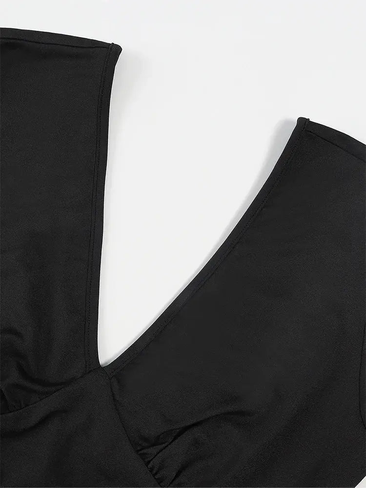 Black Pleated Big Flare Jumpsuit V Neck Long Sleeve Slim Fit Backless Pants for Women Sexy Casual Full-Length Polyester Trousers NNOS