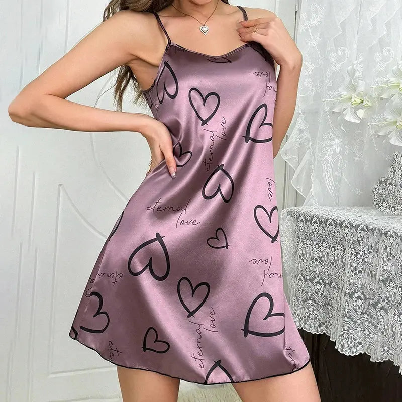 Women's Sleepdress Satin Floral Print Nightdress Comfortable Spaghetti Strap Sleepwear Dress Luxurious Satin Slip Nightdress NNOS