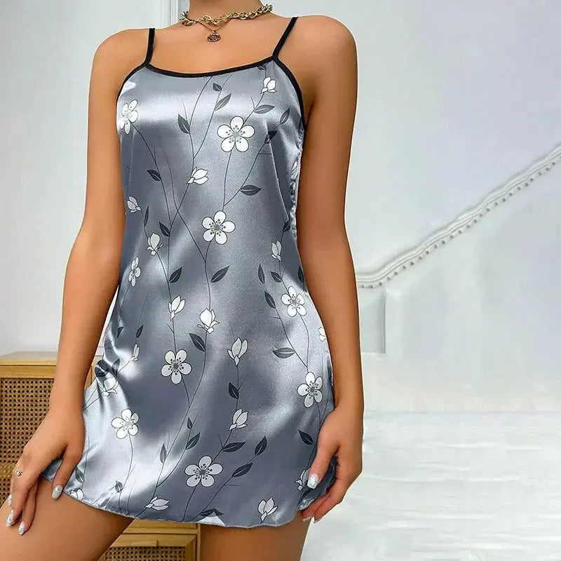 Women's Sleepdress Satin Floral Print Nightdress Comfortable Spaghetti Strap Sleepwear Dress Luxurious Satin Slip Nightdress NNOS