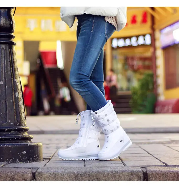 Winter thick women's snow boots Warm Plush Mid-calf Boots Non slip Waterproof  Platform Snow Boot Casual Female White shoes NNOS