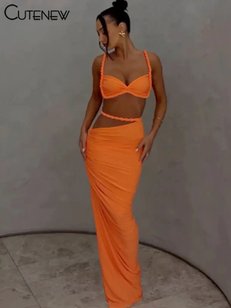 CuteNew Women’s 2-Piece Set – Pleated Crop Cami & Shirred High-Waist Maxi Skirt NNOS