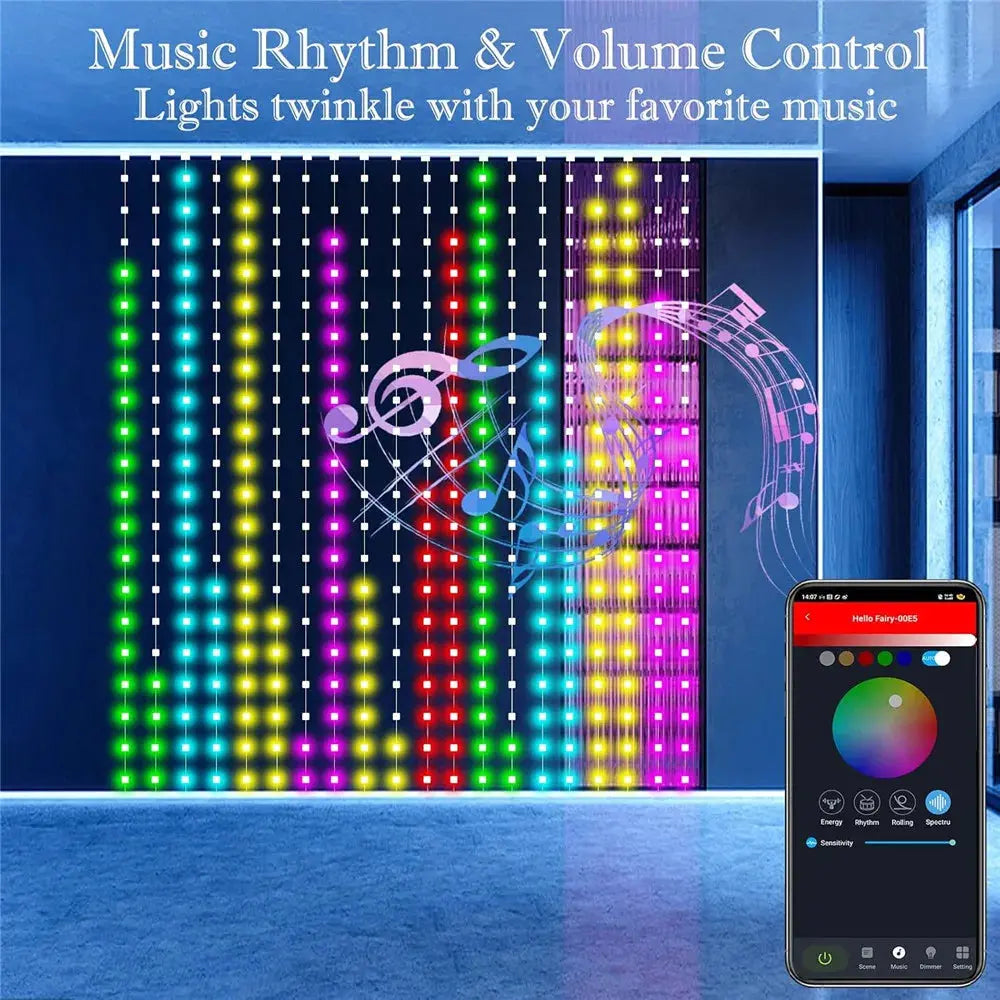 800 LED RGB Smart Curtain Lights – LED Party Lights with Music Sync, App & Remote Control NNOS