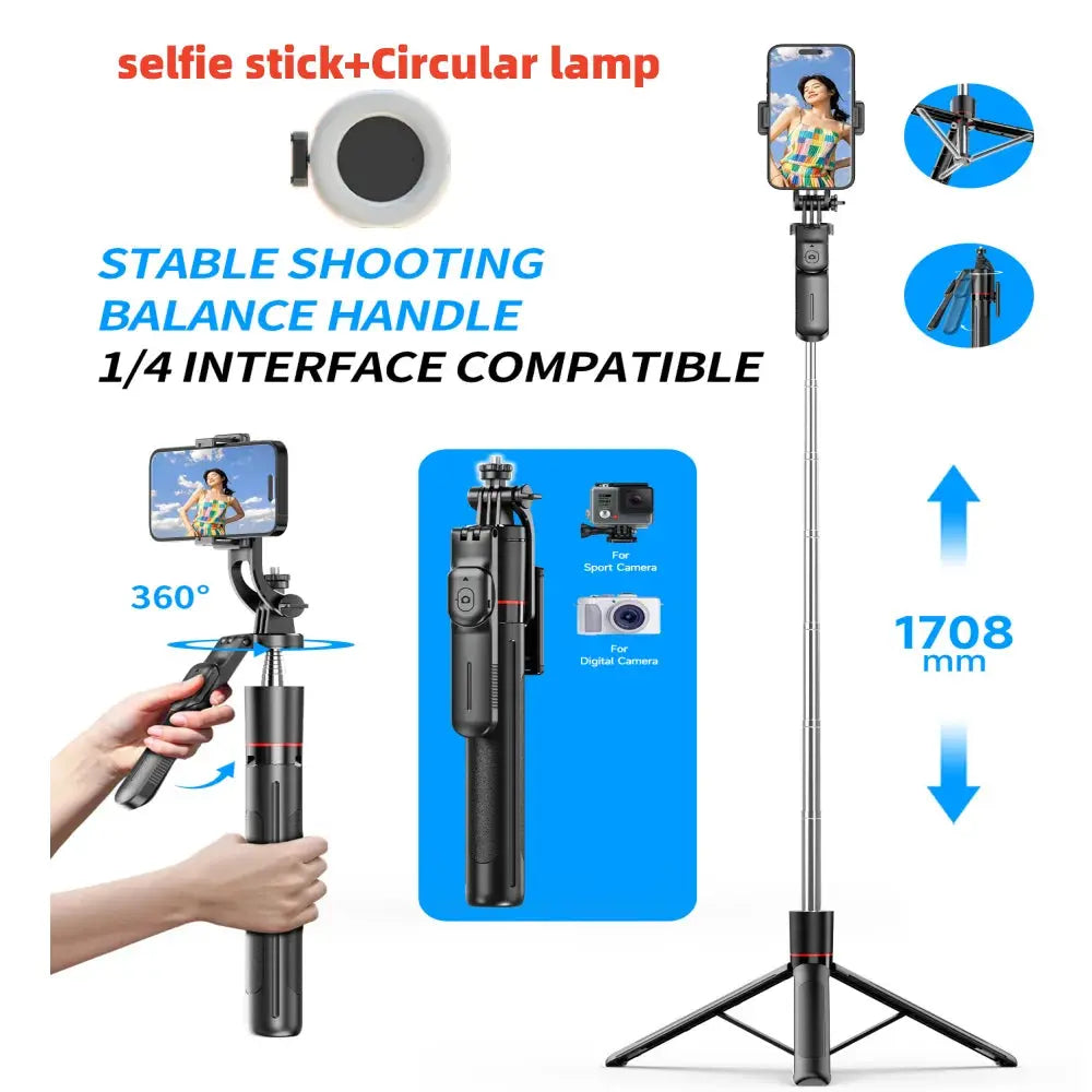 BSLIUFANG 2025 new 1.7M 360° rotation selfie stick tripod foldable stand with Wireless Bluetooth remote control for phone camera NNOS