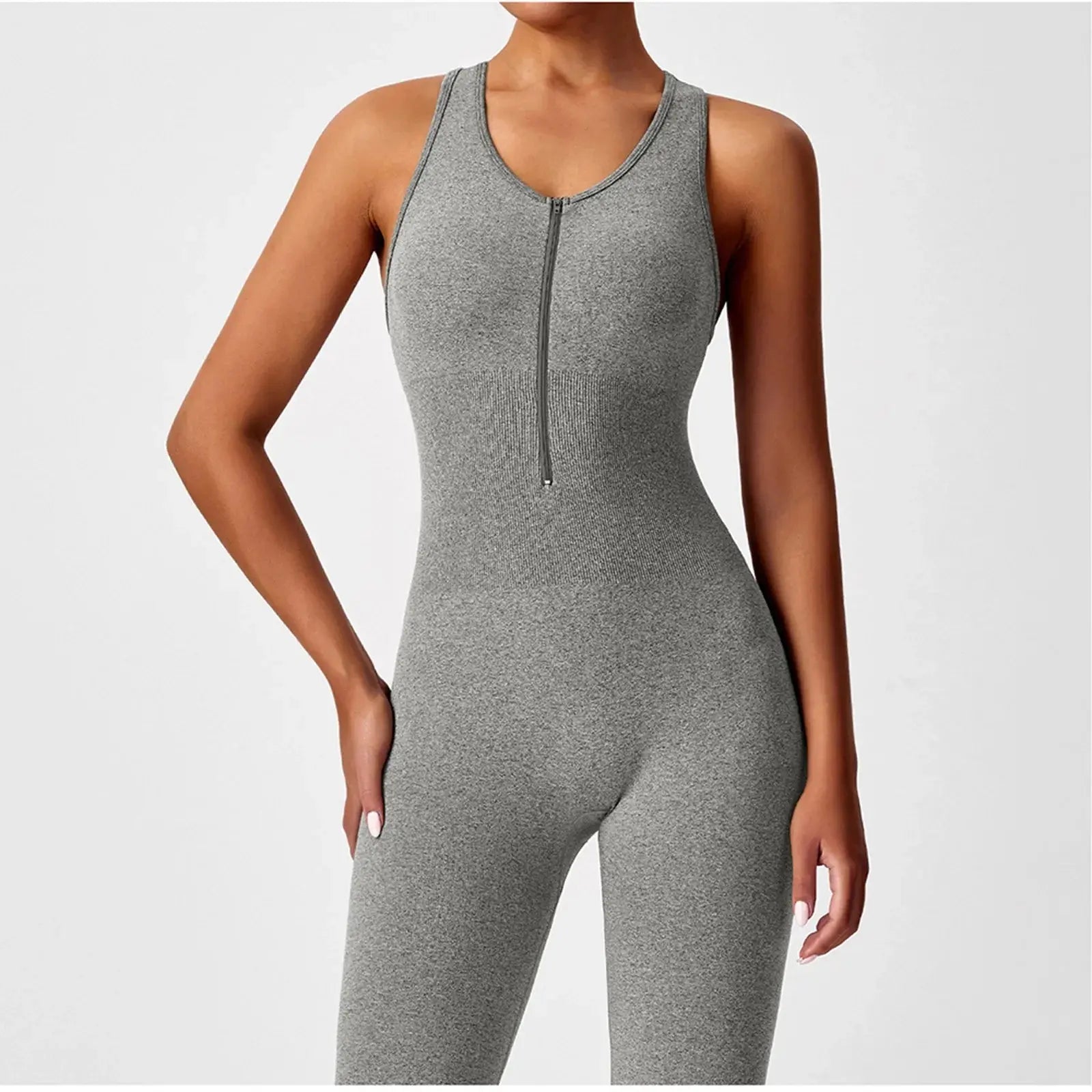 Ladies' Solid Color round Neck Sleeveless Yoga Jumpsuit Breathable Front Zipper Soft Comfy Fitness Calf-Length Sporty Summer NNOS