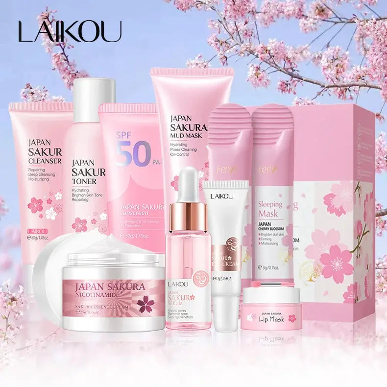 6Pcs and 9Pcs Sakura Skin Care Set – Face Cream, Serum, Toner & Cleanser Gift Box NNOS
