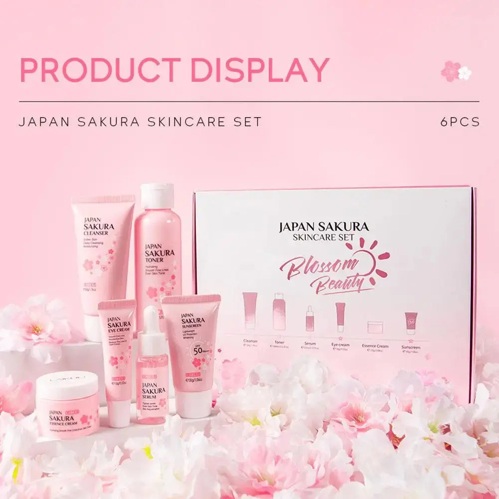 6Pcs Sakura Skin Care Set – Face Cream, Serum, Toner & Cleanser Gift Box NNOS