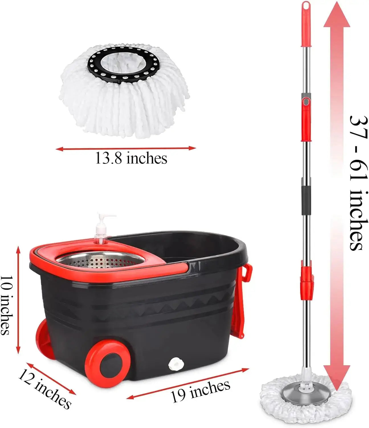 Black Spin Mop Bucket Sets Wrings System, Bucket with Wheels Extendable and Adjustable Handle, 3 Replacement Mop Refills NNOS