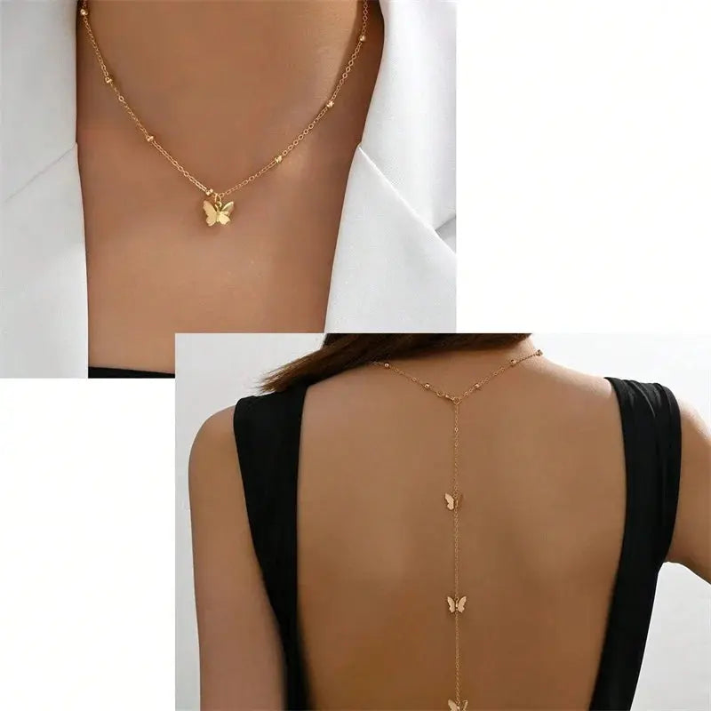 New Butterfly Back Drop Chain Necklace For Women Elegant Long Backless Tassel Necklace Wedding Beach Party Vacation Jewelry NNOS