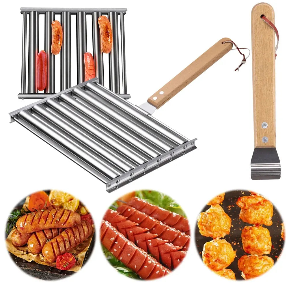 Hot Dog Roller Sausage Roller Rack Stainless Steel Hot Dog Grill Roller with Wooden Handle BBQ Hotdog Roller Grill Accessories NNOS