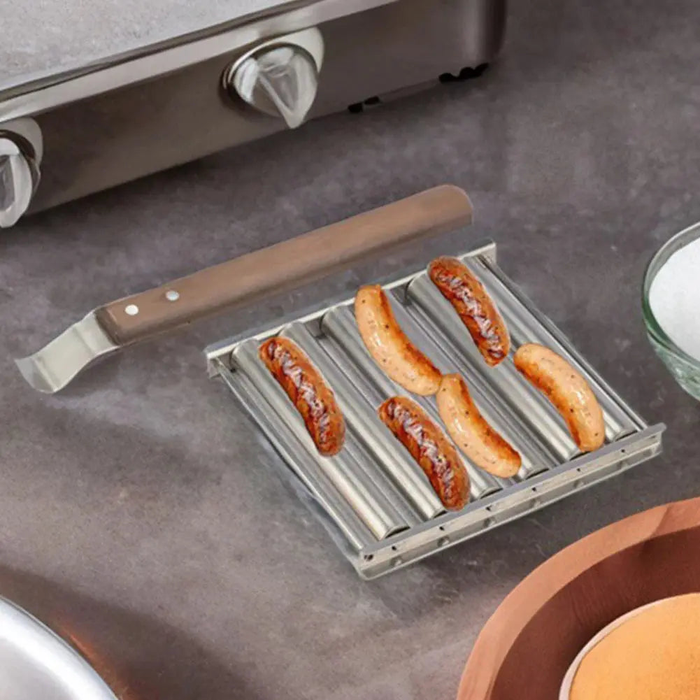 Hot Dog Roller Sausage Roller Rack Stainless Steel Hot Dog Grill Roller with Wooden Handle BBQ Hotdog Roller Grill Accessories NNOS