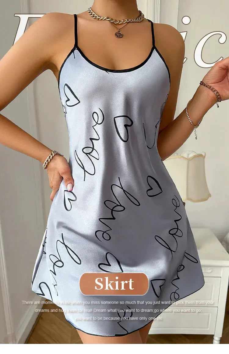 Heart Letter Print Nightdress Casual Round Neck Spaghetti Strap Sleep Dress Women's Sleepwear Dresses NNOS