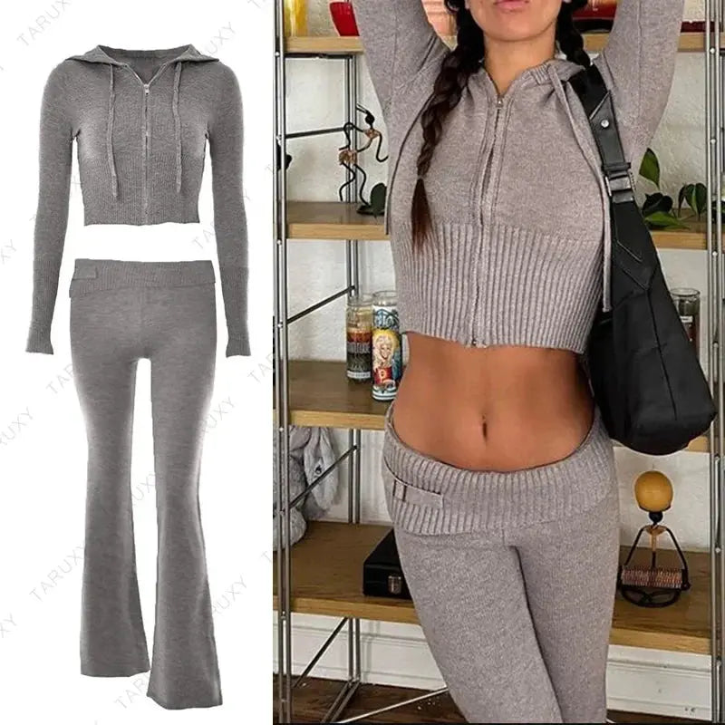 Casual Zipper Sweater Hoodie Set for Women High Waist Flare Pants Pink Knitted Y2k Two Piece Outfit Short Length Eye Catching NNOS