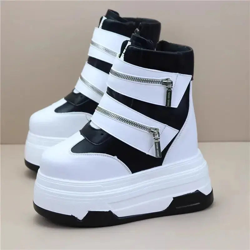 15cm Spring Autumn Women High Top Sneakers Breathable Thick Sole Chunky Sneakers Ankle Boots Platform Booties Wedge Boots White NNOS
