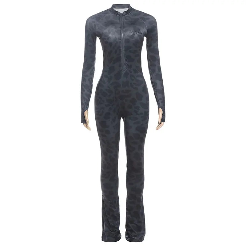 Women's Sexy Fashion Leopard Print Jumpsuit with Zip Cardigan Design Full Sleeve Slim Fit High Waist Ankle-Length Overalls NNOS