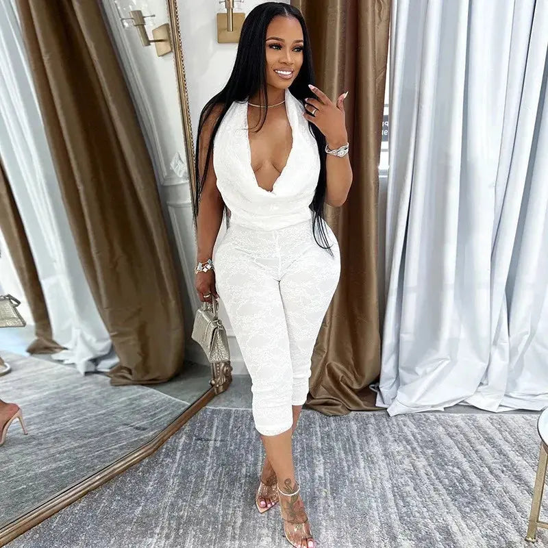 Joskaa 2025 Summer Lace Swing Collar Capri Pants Jumpsuits Women Sexy Halter Backless Bandage Skinny Rompers Midnight Clubwear NNOS