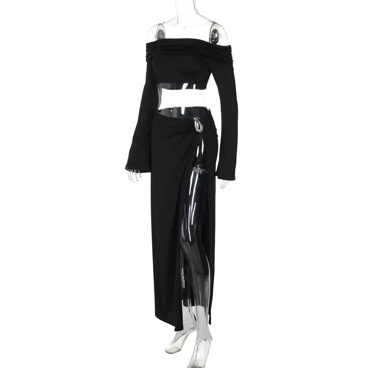 Dulzura Sexy 2-Piece Skirt Set – Off-Shoulder Ruched Crop Top & Slit Maxi Skirt NNOS