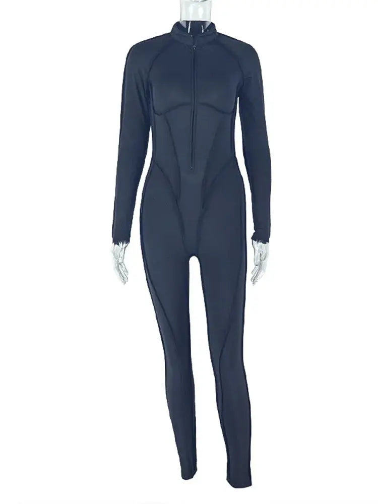 Women's Casual Sporty Zip Low-Neck Backless Jumpsuit Full Sleeve Skinny Peach High Street Style Solid Overalls Middle Age Size NNOS