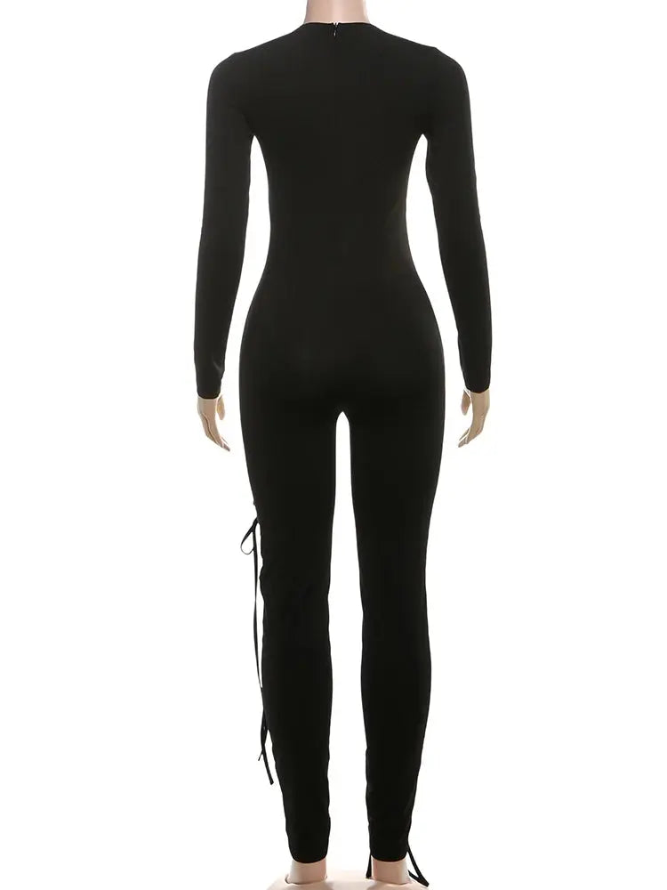 Sexy Fall Jumpsuits for Women DIY Shirring O-Neck Full Sleeve Stretch Polyester Slim Fit Ankle-Length Party Clubwear NNOS