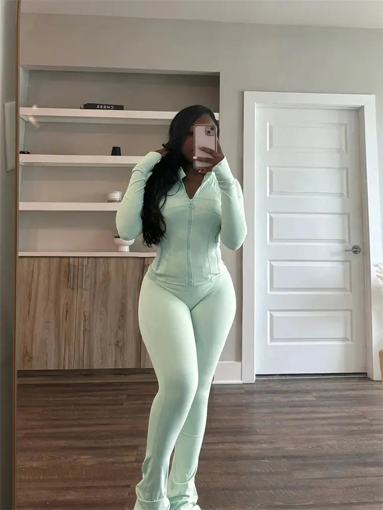 Autumn And Winter New Long Sleeves Zipper Crop top Suits Tracksuits Women's Suits Fashion Pants Female Soild 2 Piece Sets 2024 product image