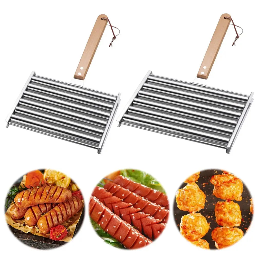 Hot Dog Roller Sausage Roller Rack Stainless Steel Hot Dog Grill Roller with Wooden Handle BBQ Hotdog Roller Grill Accessories NNOS