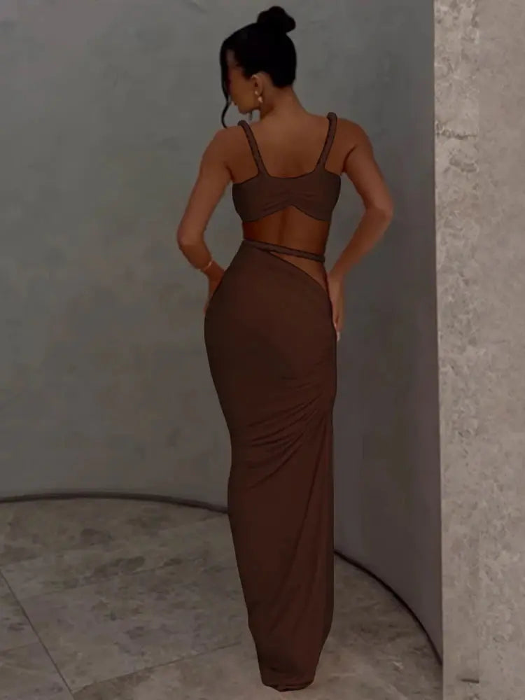 CuteNew Women’s 2-Piece Set – Pleated Crop Cami & Shirred High-Waist Maxi Skirt NNOS