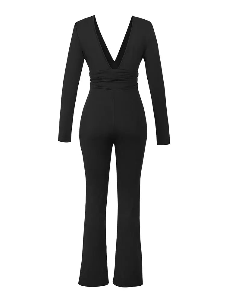 Black Pleated Big Flare Jumpsuit V Neck Long Sleeve Slim Fit Backless Pants for Women Sexy Casual Full-Length Polyester Trousers NNOS