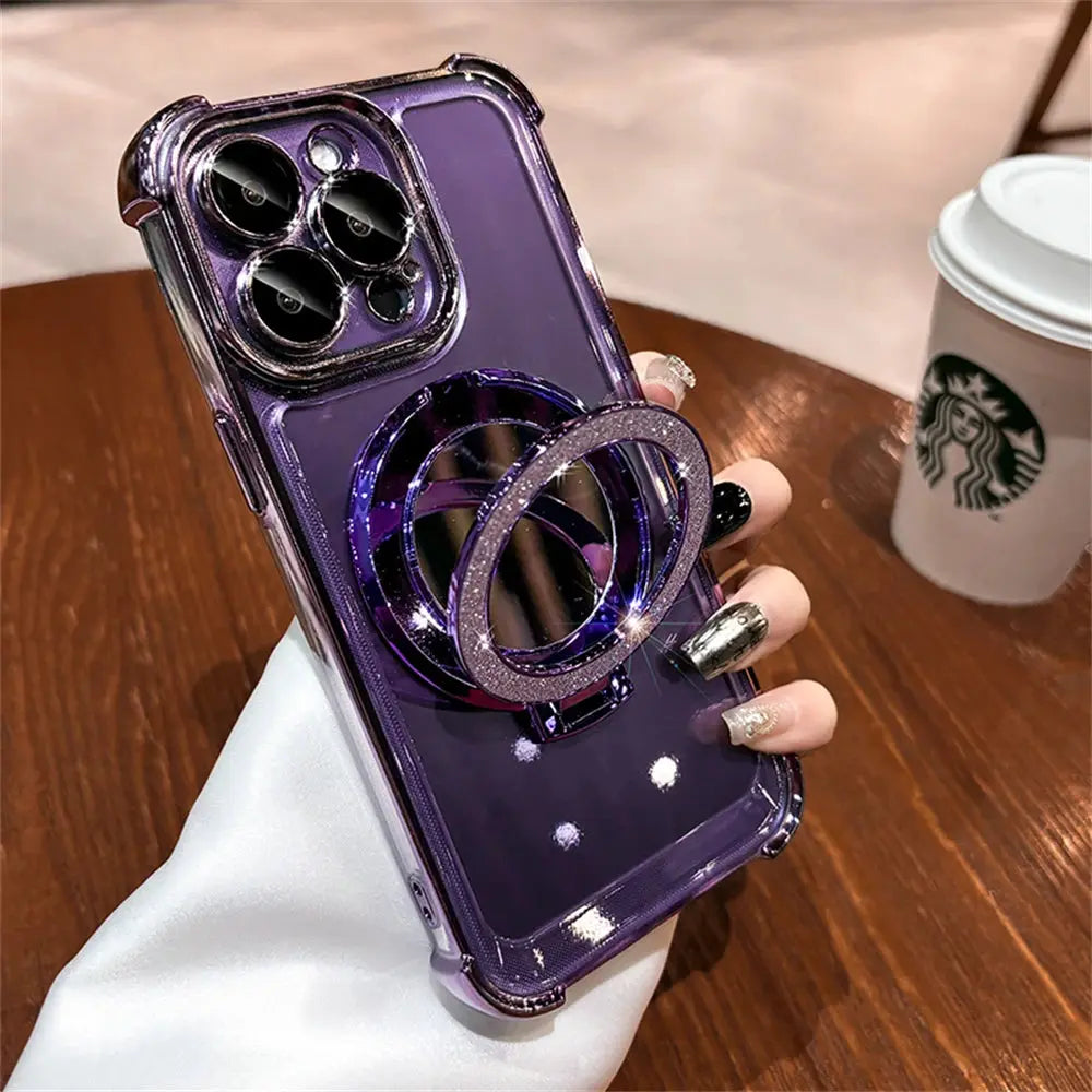 Luxury Glitter Makeup Mirror Case with MagSafe – Magnetic Stand & Plating Holder for iPhone 16/15/14/13/12/11 Pro Max & More NNOS