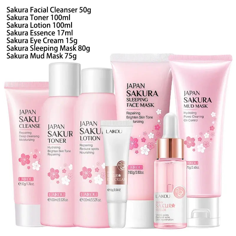 6Pcs and 9Pcs Sakura Skin Care Set – Face Cream, Serum, Toner & Cleanser Gift Box NNOS