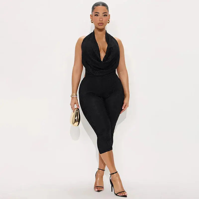 Joskaa 2025 Summer Lace Swing Collar Capri Pants Jumpsuits Women Sexy Halter Backless Bandage Skinny Rompers Midnight Clubwear NNOS