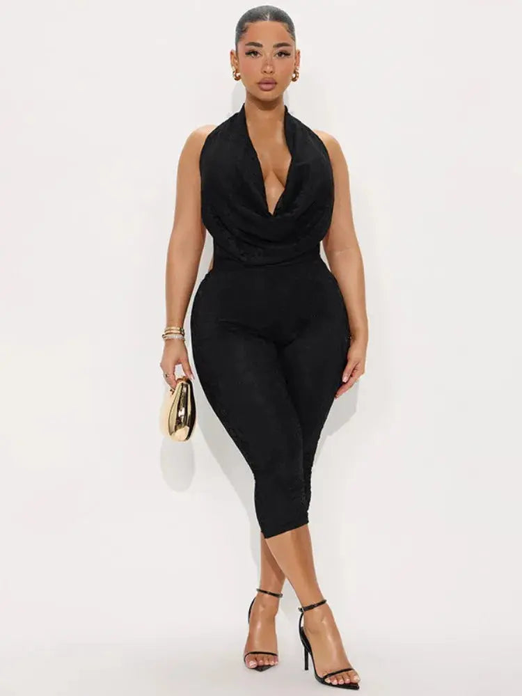 Joskaa 2025 Summer Lace Swing Collar Capri Pants Jumpsuits Women Sexy Halter Backless Bandage Skinny Rompers Midnight Clubwear NNOS