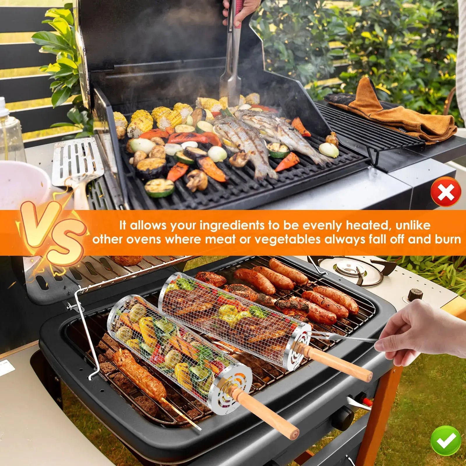 Portable Grill Basket – Stainless Steel with Wood Handle for Effortless BBQing NNOS