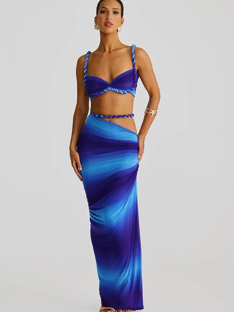 CuteNew Women’s 2-Piece Set – Pleated Crop Cami & Shirred High-Waist Maxi Skirt NNOS