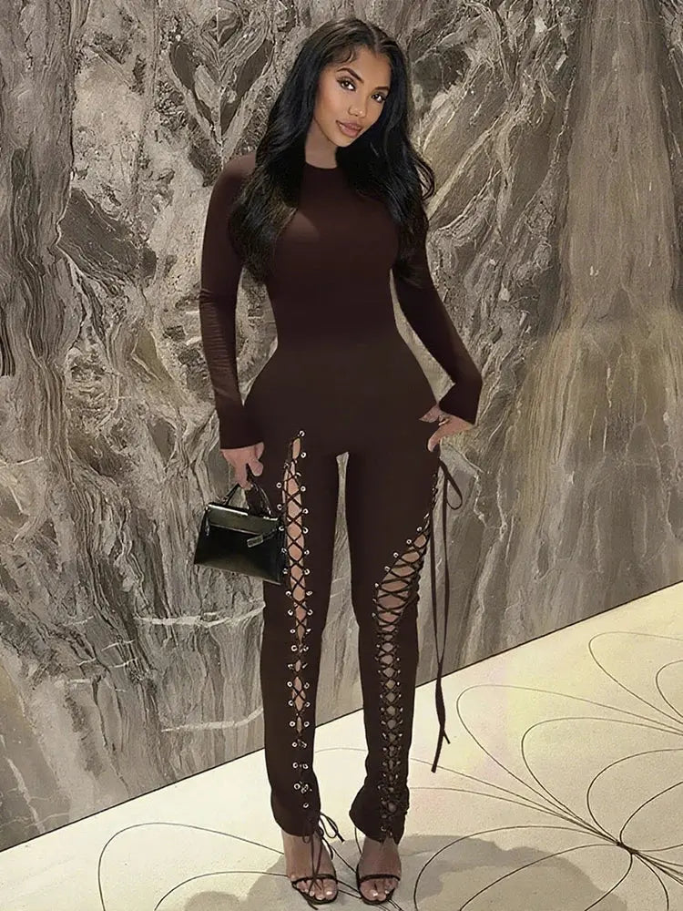 Sexy Fall Jumpsuits for Women DIY Shirring O-Neck Full Sleeve Stretch Polyester Slim Fit Ankle-Length Party Clubwear NNOS